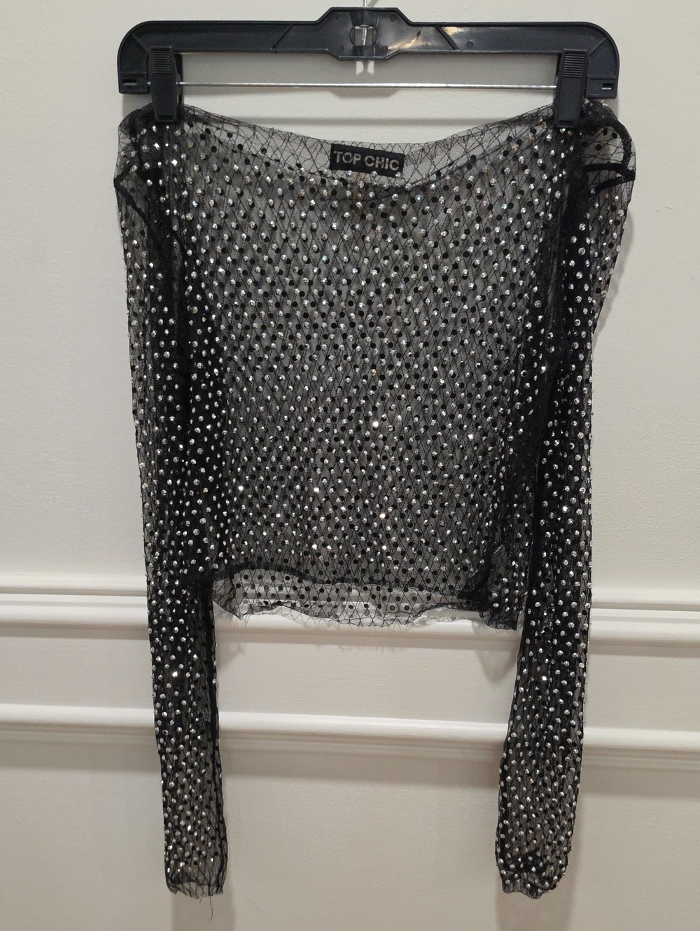 Black Mesh Long-Sleeve Embellished Top